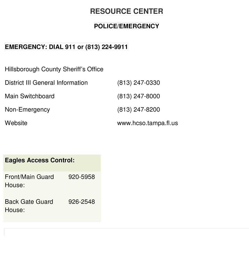 A white sheet of paper with the words `` resource center police emergency '' on it.