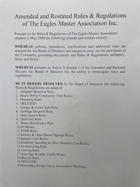 Adopted Rules & Policies for The Eagles Master Association