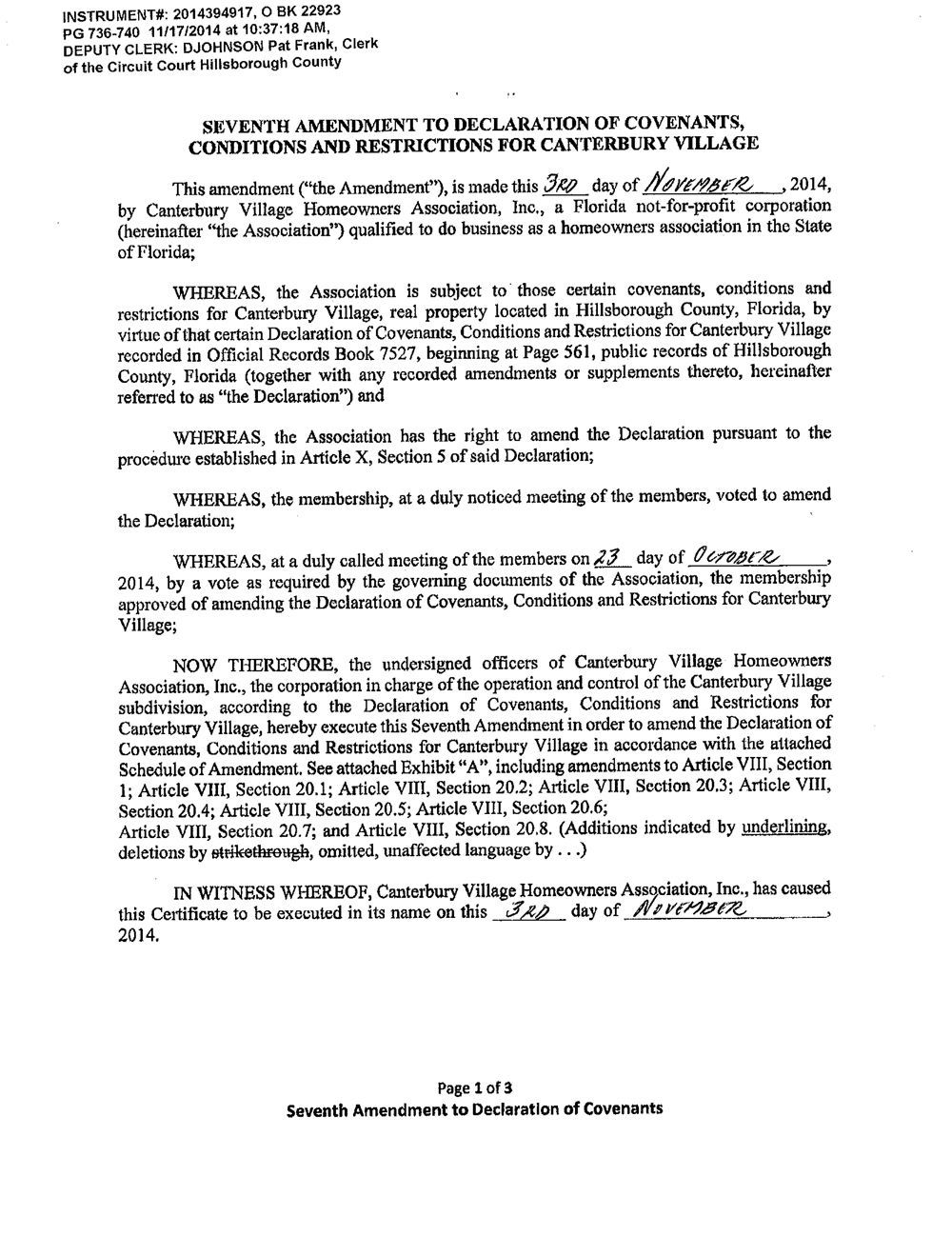 Seventh Amendment to Declaration of Covenants Conditions and Restrictions for Canterbury Village