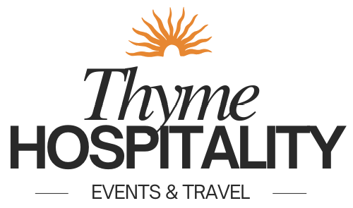 The logo for thyme hospitality events and travel has a sun on it.