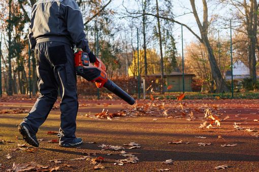 Person using a leaf blower on a leaf-covered outdoor path in autumn