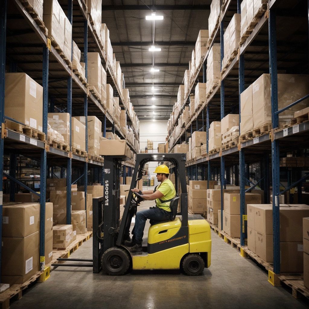 Man driving a yellow forklift in a warehouse using LO forklift licence