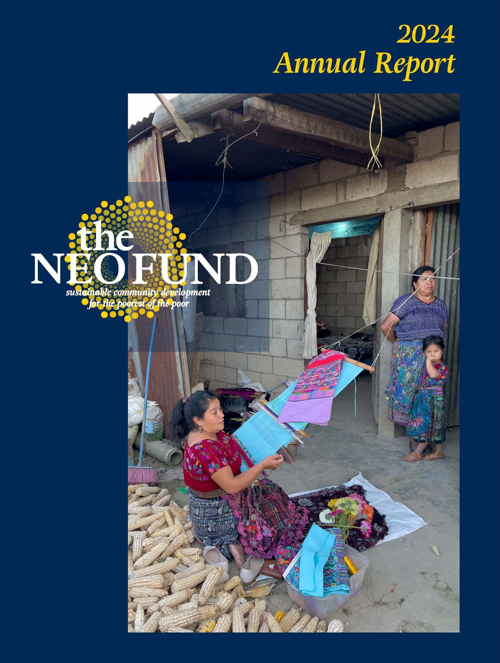 Cover of the 2024 annual report for The Neo Fund featuring people in a market with corn and textiles.