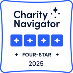 Charity Navigator, four-star rating, 2025. Blue and white badge with four stars.