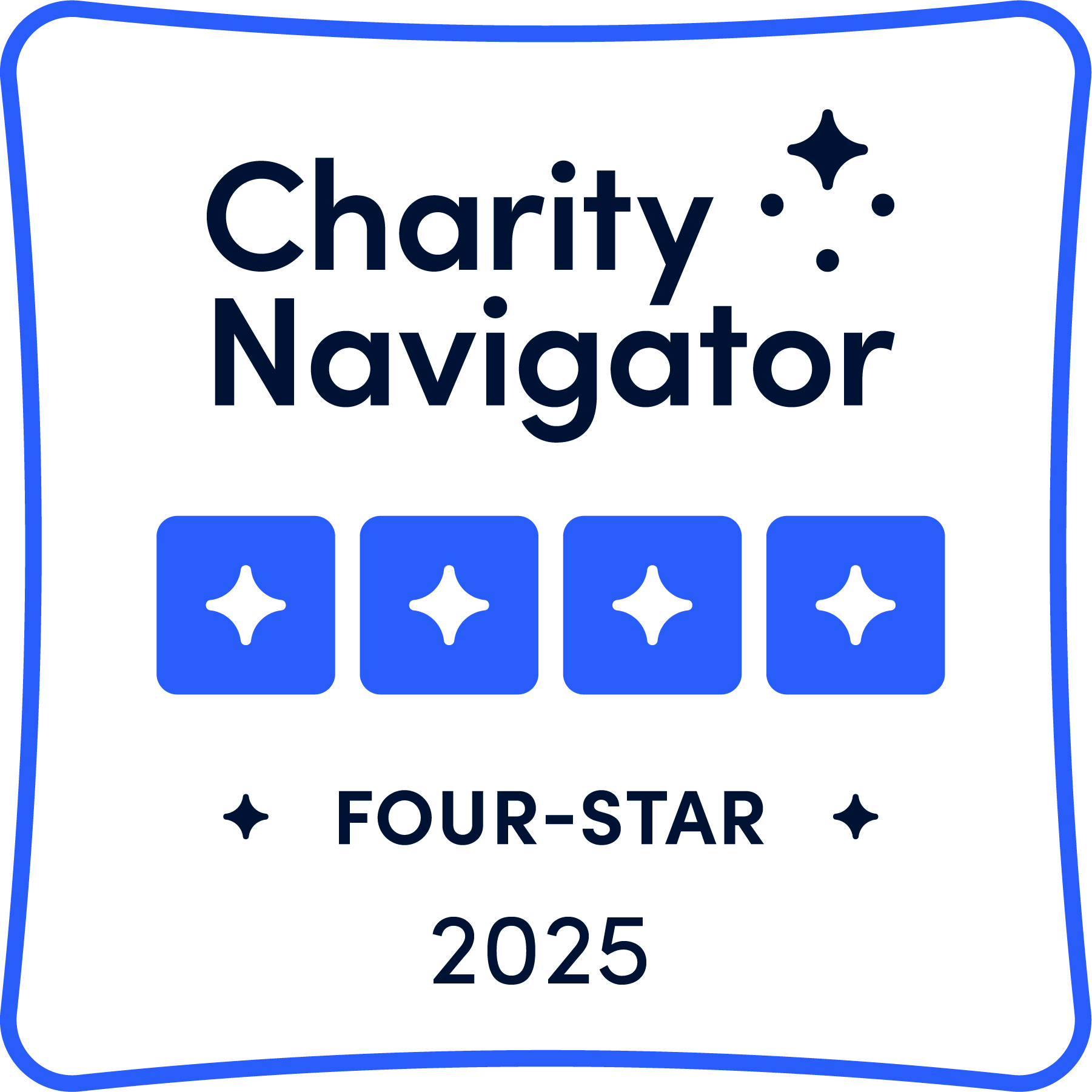 Charity Navigator 4-Star 2025 badge: Blue square with four stars, indicating top rating.