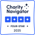 Charity Navigator 4-Star 2025 badge: Blue square with four stars, indicating top rating.