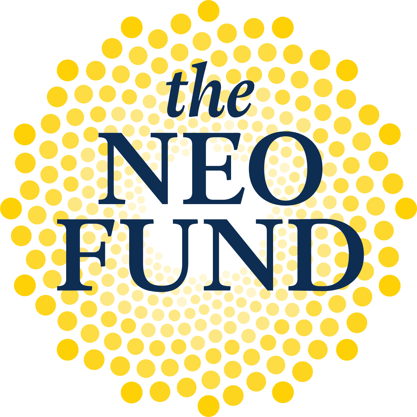 a swirling burst of yellow dots with the NEO fund in dark blue stacked on top