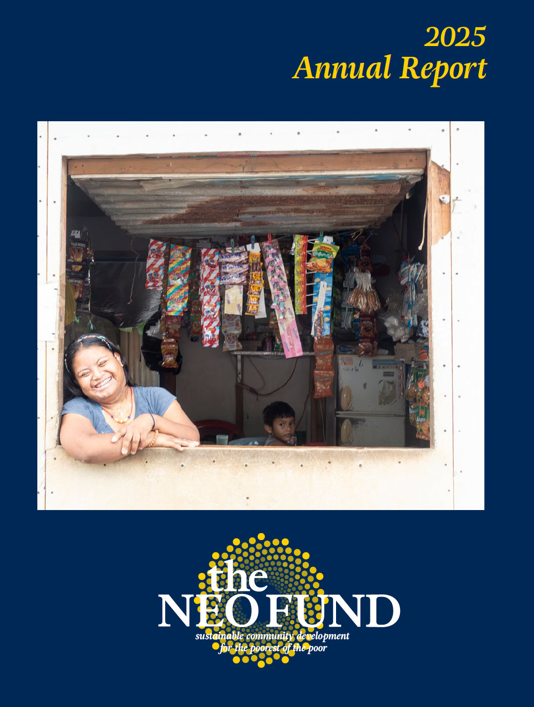 Cover of the 2025 annual report for The Neo Fund featuring a woman with Downes Syndrome smiling out from her mother's wooden store window with her sister in the background.