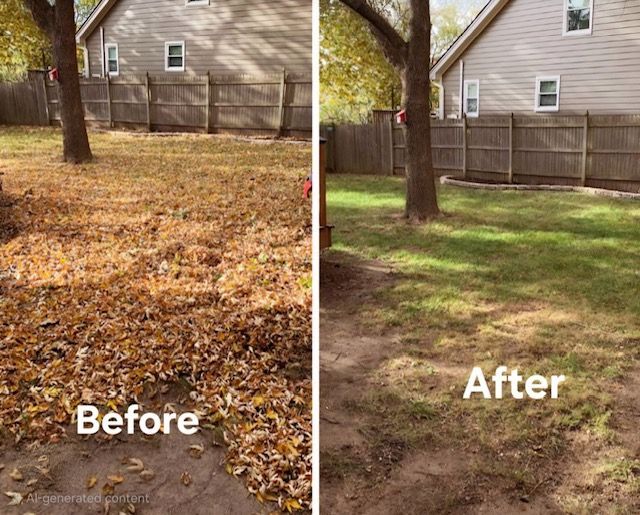 A Before and After Picture of A Yard with Leaves and Grass