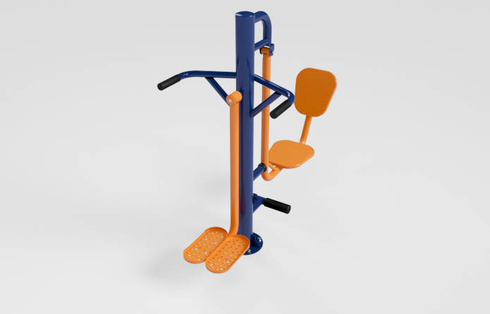 Equipamento de ginástica para uso externo com estrutura azul, assento e apoio para os pés na cor laranja.