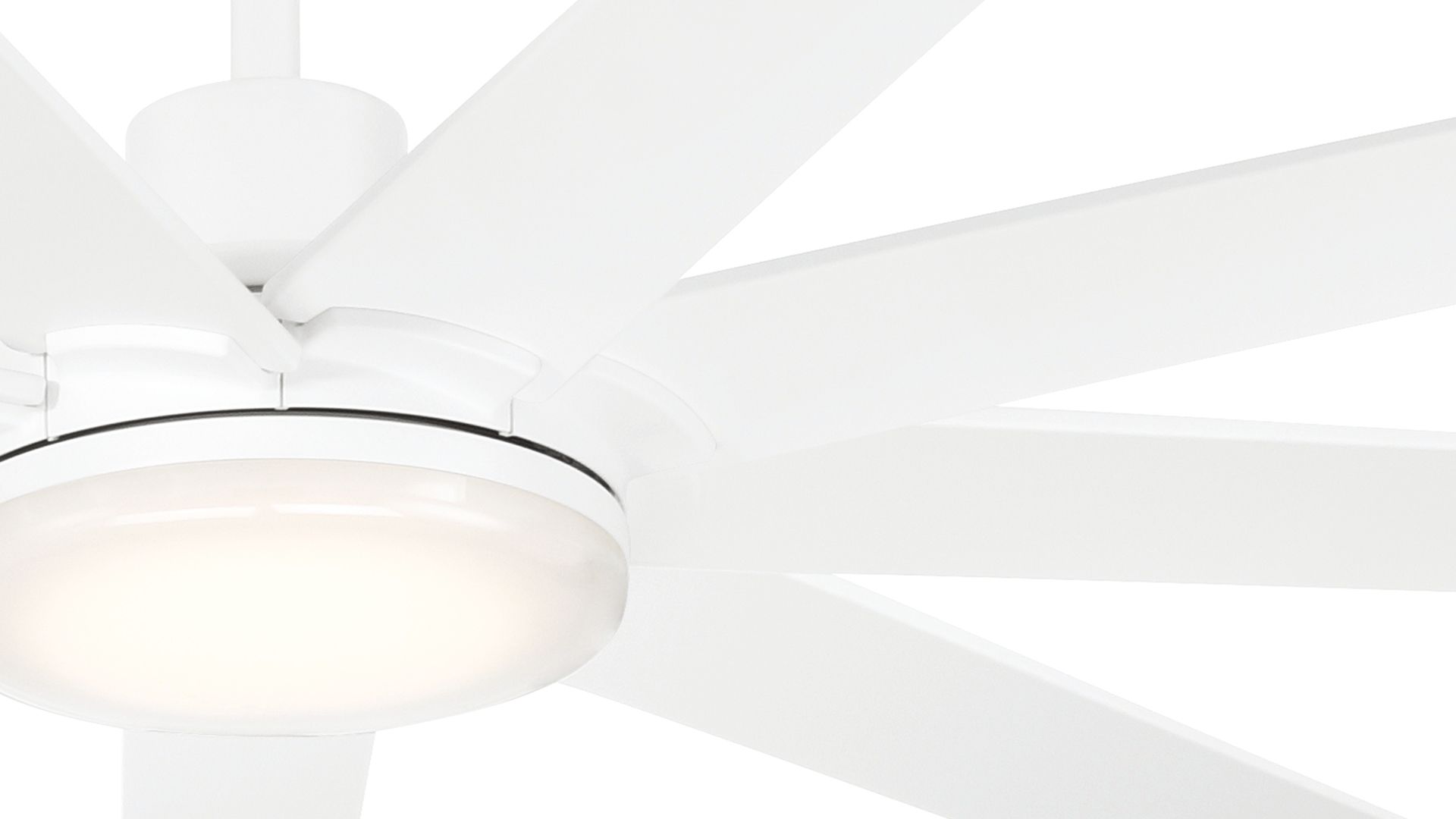 White ceiling fan with seven blades and a central light fixture.
