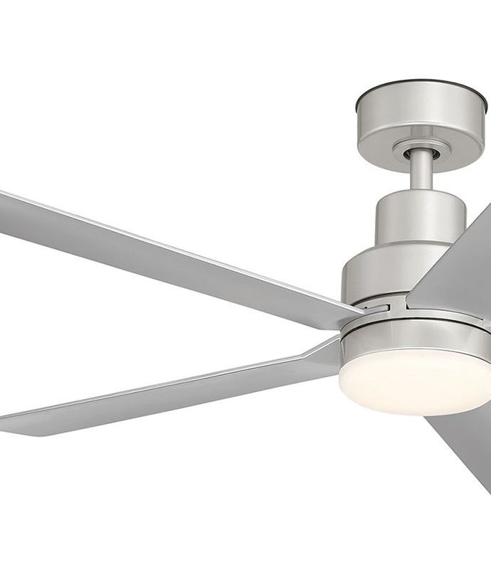 Silver ceiling fan with four blades and an integrated light.