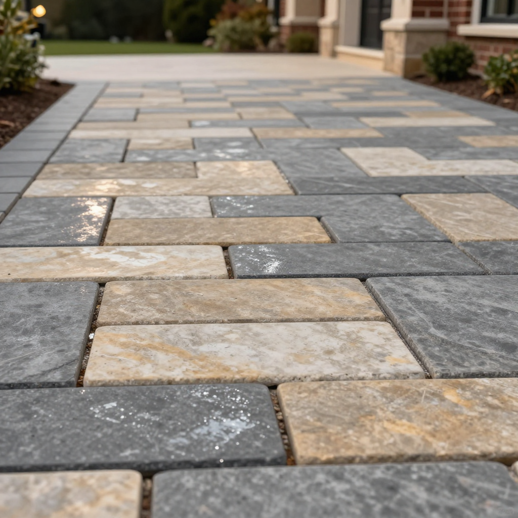 Stone paver walkway leading to a house, with gray and beige rectangular pavers.