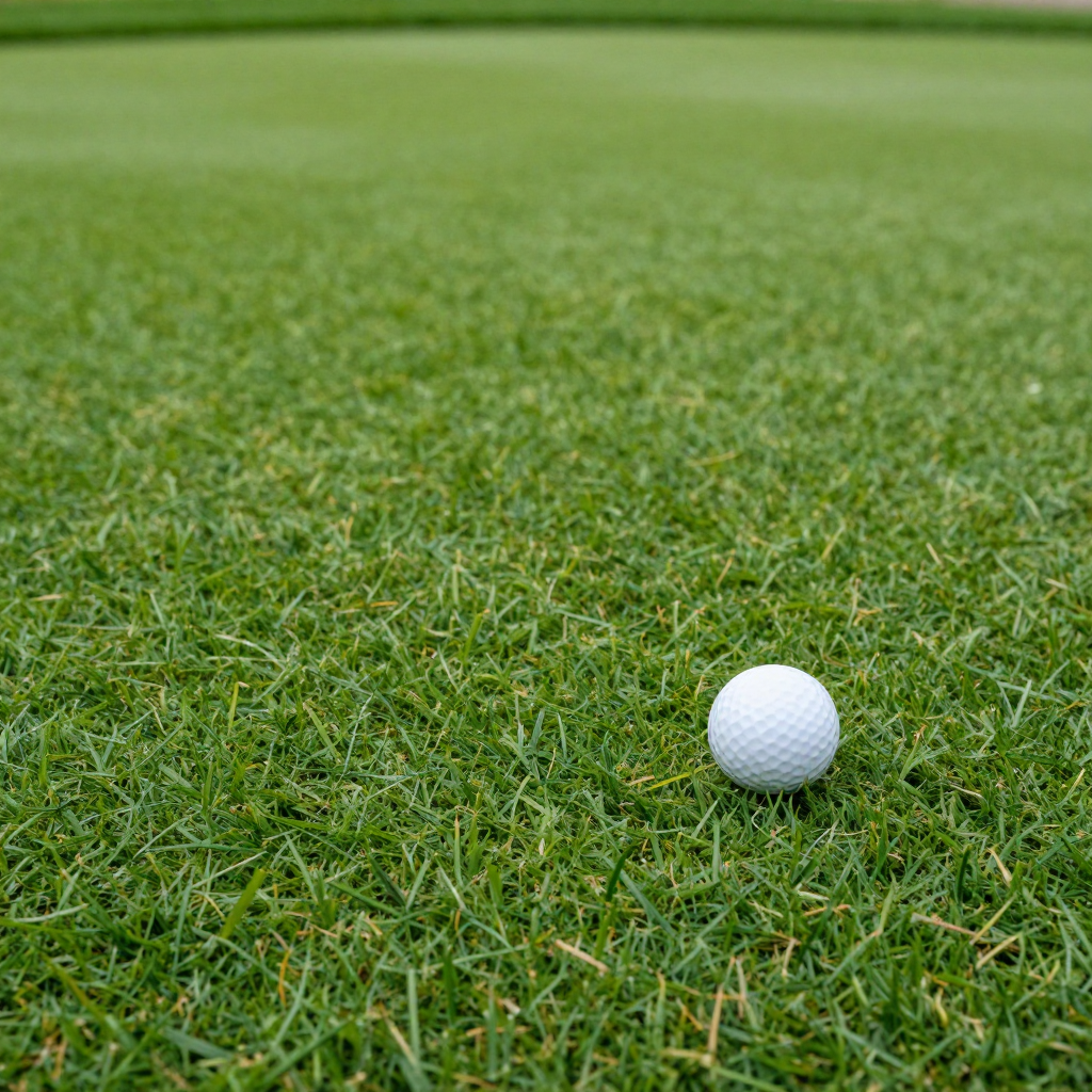 White golf ball on green grass of a golf course.