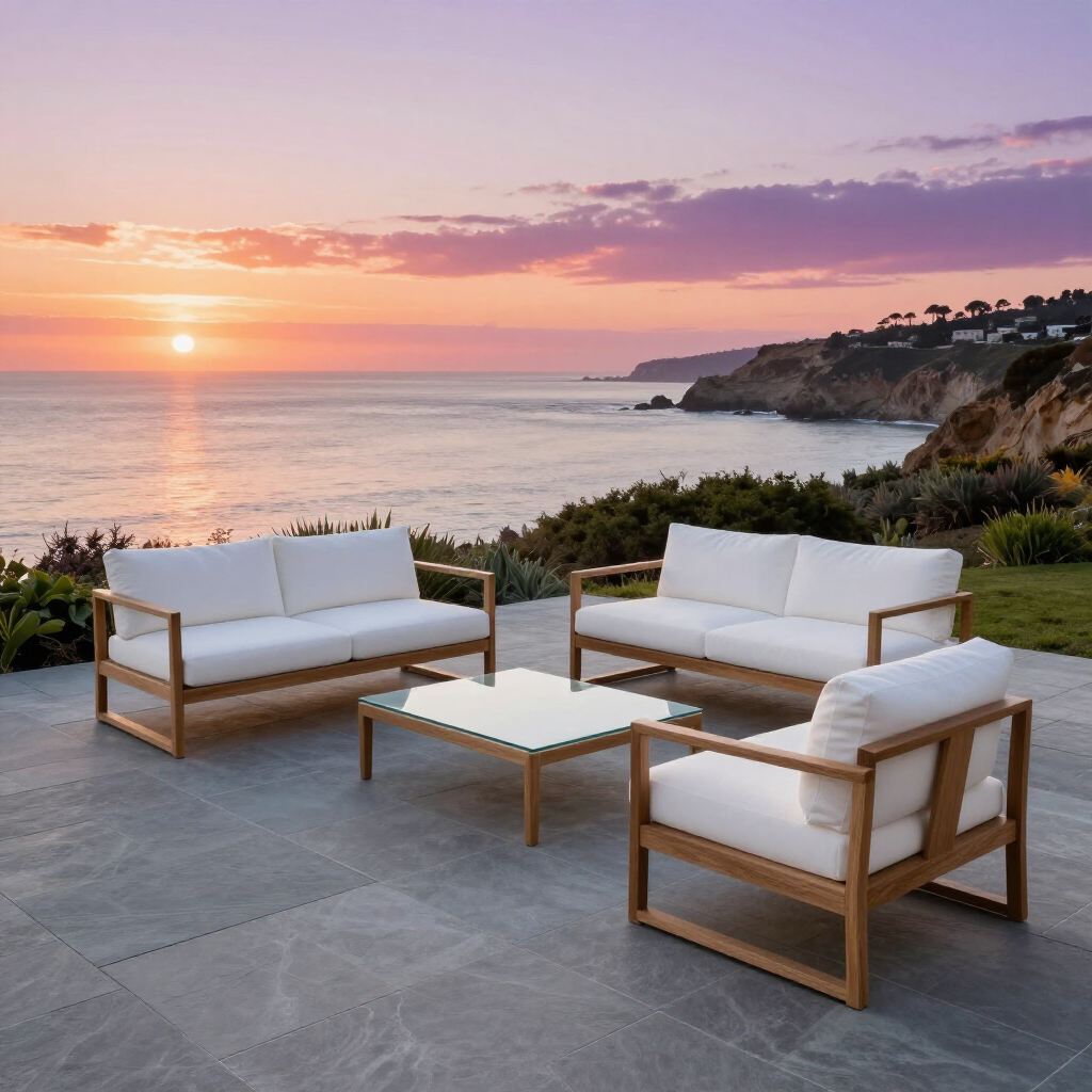 Outdoor furniture set on a patio overlooking the ocean at sunset.