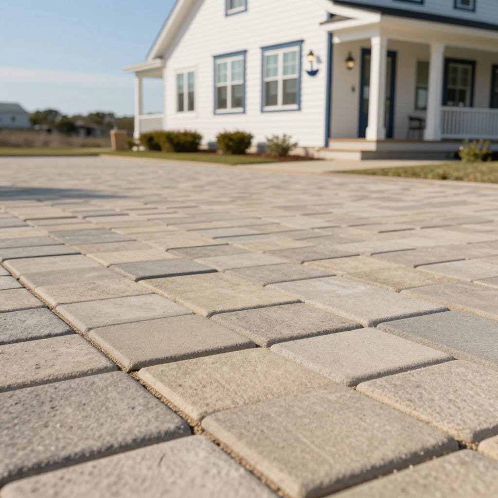 Driveway with light-colored pavers leading to a white house with blue trim. Sunny day, focus on the pavers.