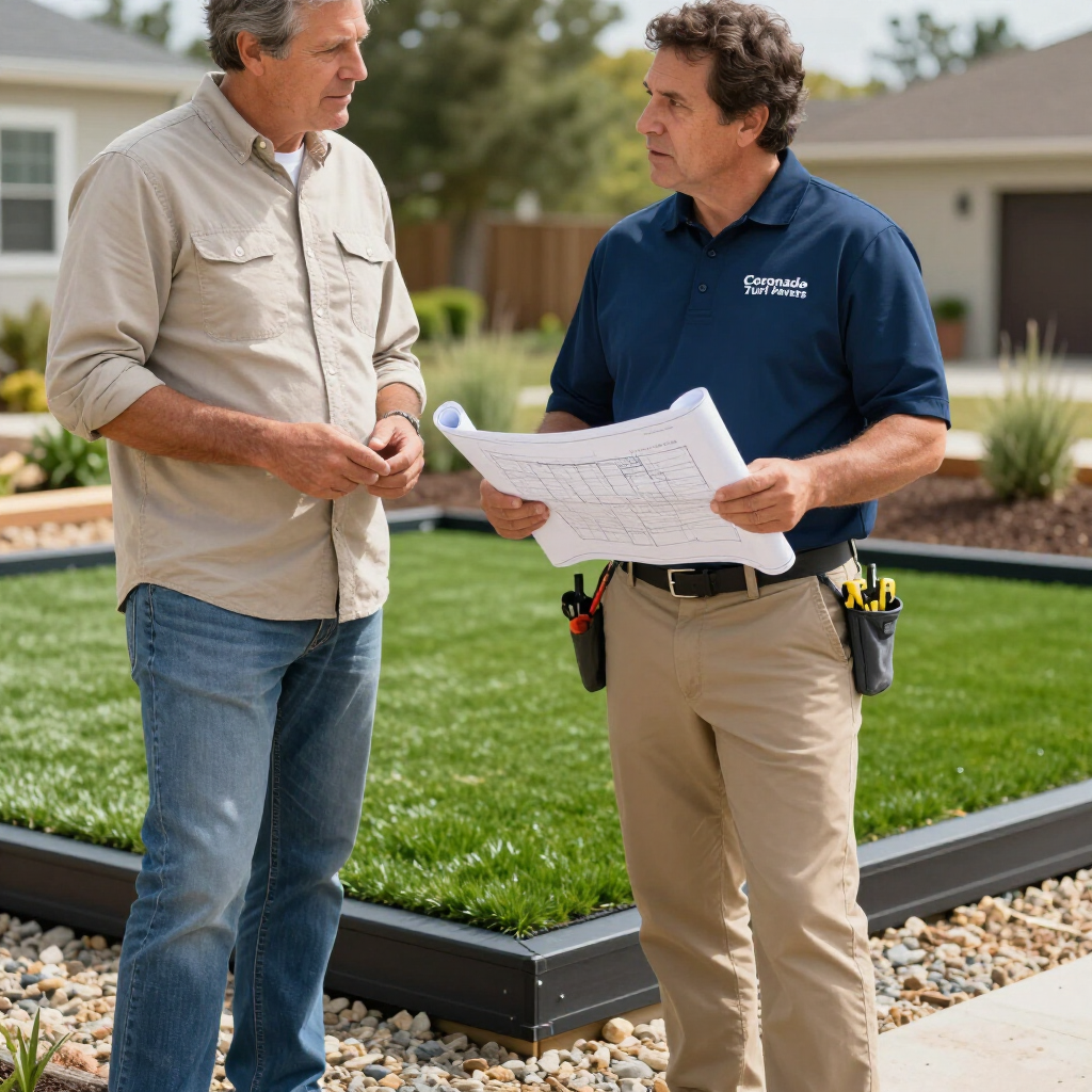 Two men discussing plans outside a house with a landscaped yard. One holds blueprints.