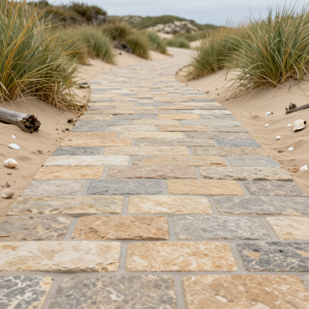 Stone path through sand dunes, leading towards the ocean, with tall grasses on either side.