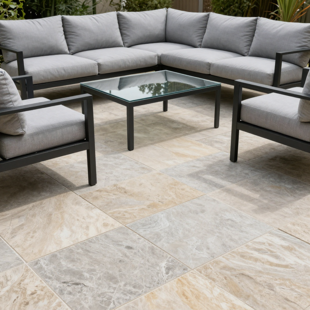 Outdoor patio with gray sectional, armchairs, and glass-top coffee table on stone tiles.