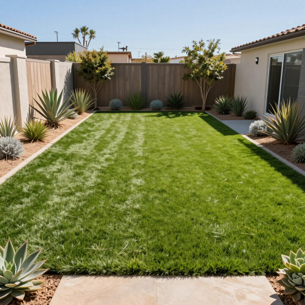 Well-manicured backyard with green lawn, stone patio, and desert-style landscaping.