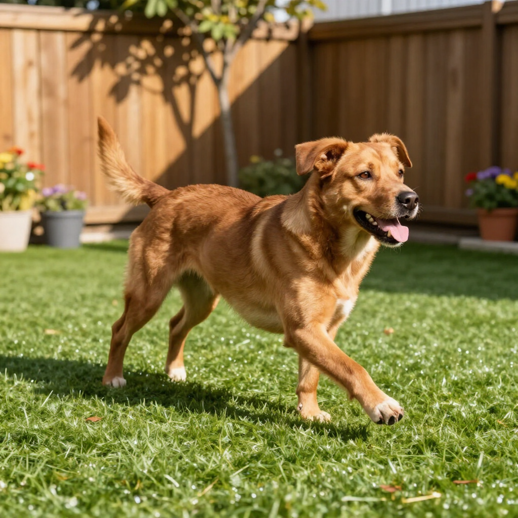 Brown dog with tongue out, walking on green grass in a backyard with wooden fence.