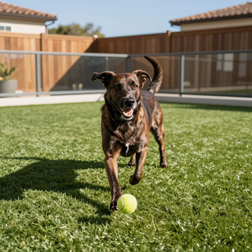 Dog with brindle fur runs toward the camera on green turf, chasing a tennis ball. Backyard setting.