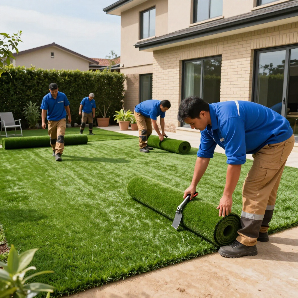 Workers installing artificial turf in a backyard. The men wear blue shirts and tan pants.