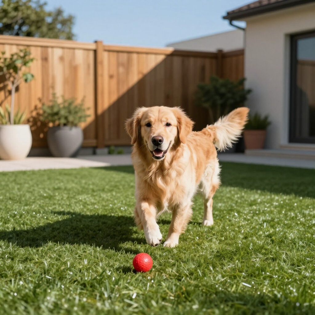 Golden retriever runs toward the camera on green grass, red ball in front, sunny backyard.