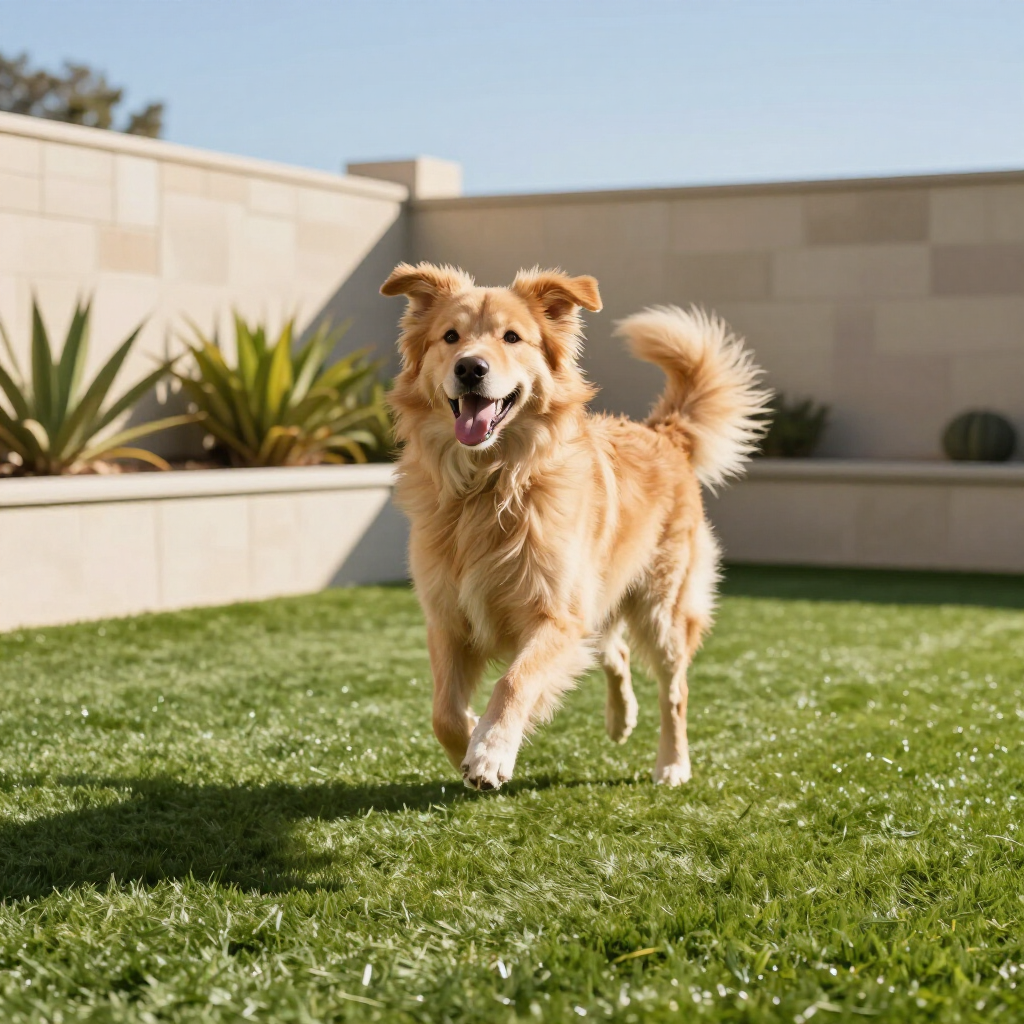 Golden-colored dog running on green grass towards the camera in a sunny outdoor yard.