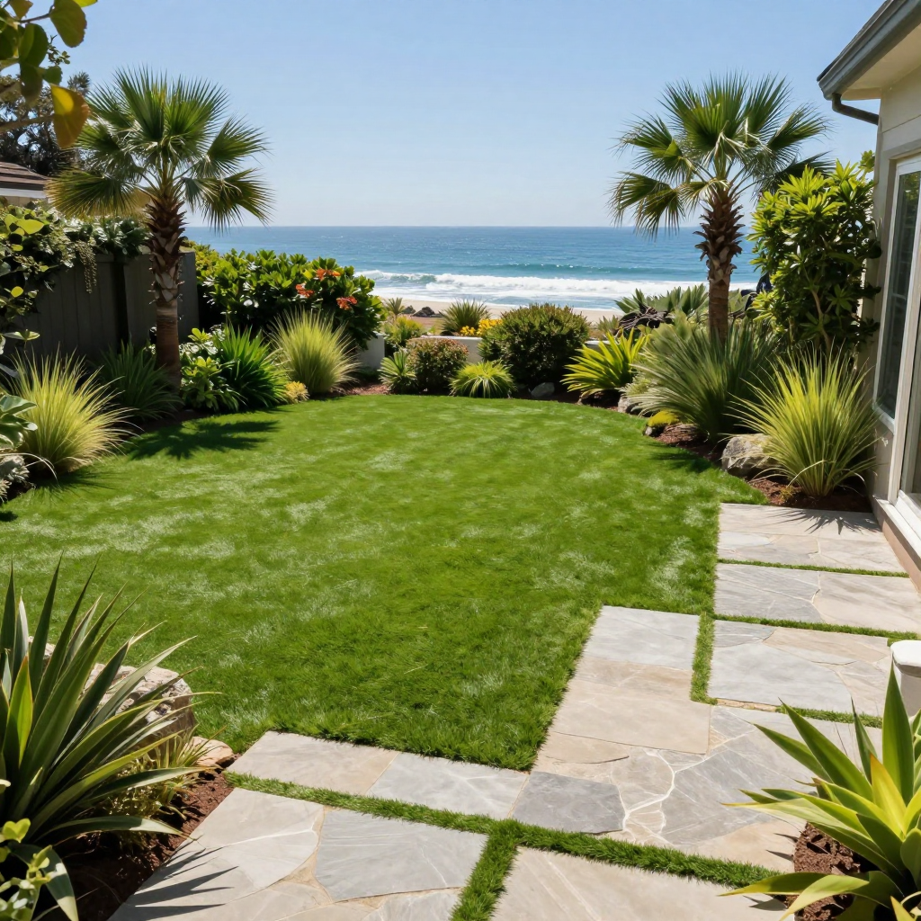 Lush green backyard with ocean view, grass lawn, stone path, palm trees, and various plants under a bright, sunny sky.