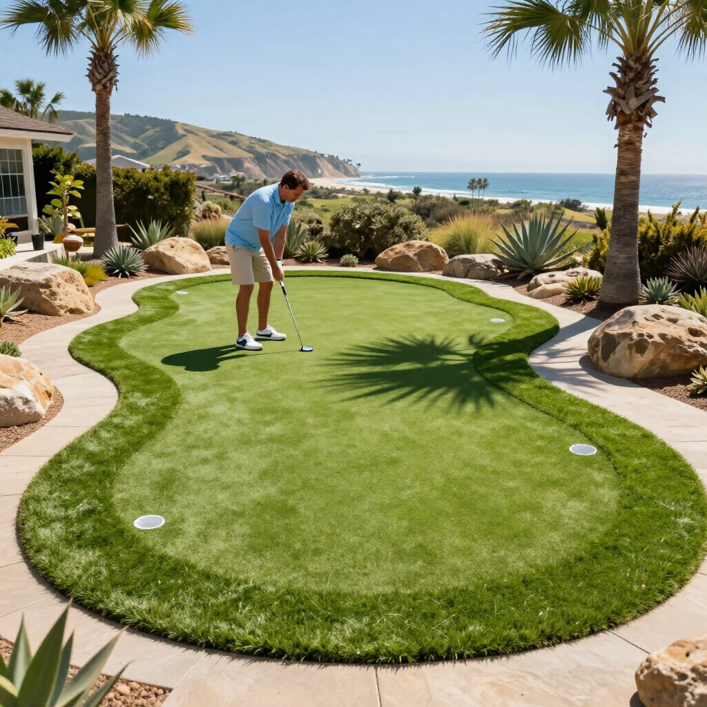 Man golfing on green, ocean view in background, sunny day.