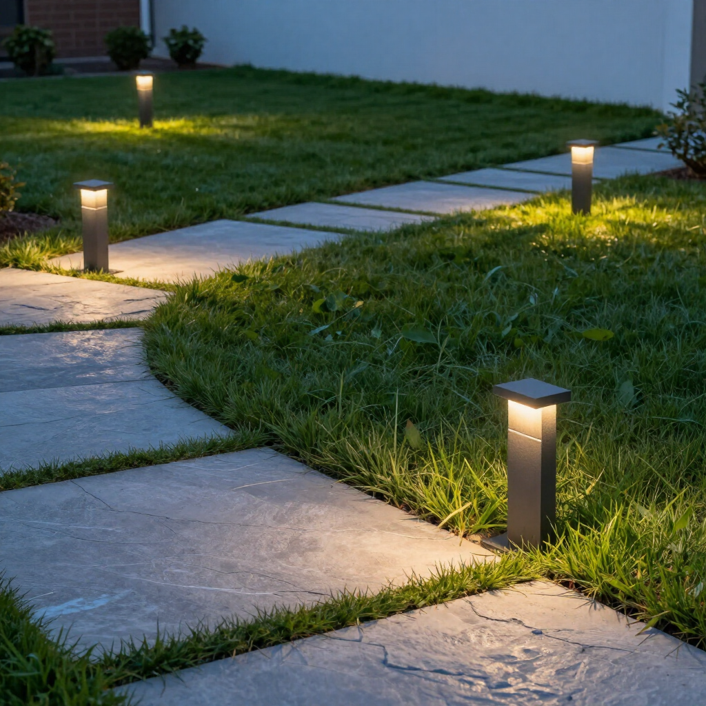 Pathway illuminated by several rectangular bollard lights.