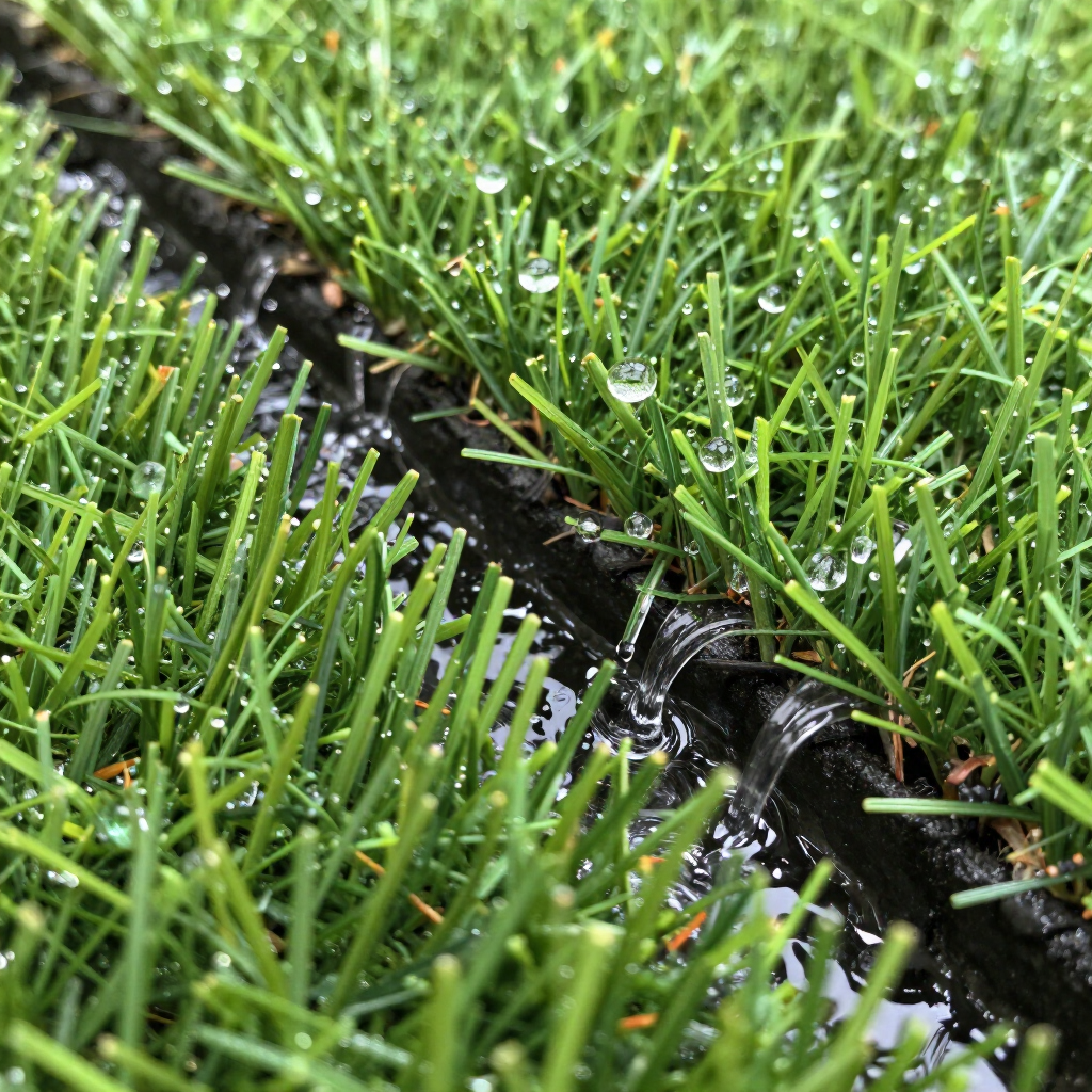 Black drainage pipe in a grassy yard, surrounded by green blades with water droplets.