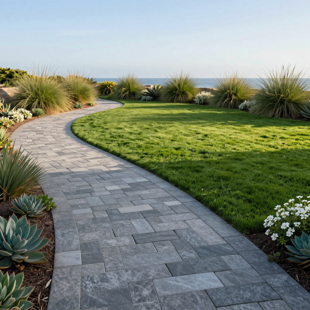 Stone path curving through a green lawn towards the ocean, with plants bordering the path.