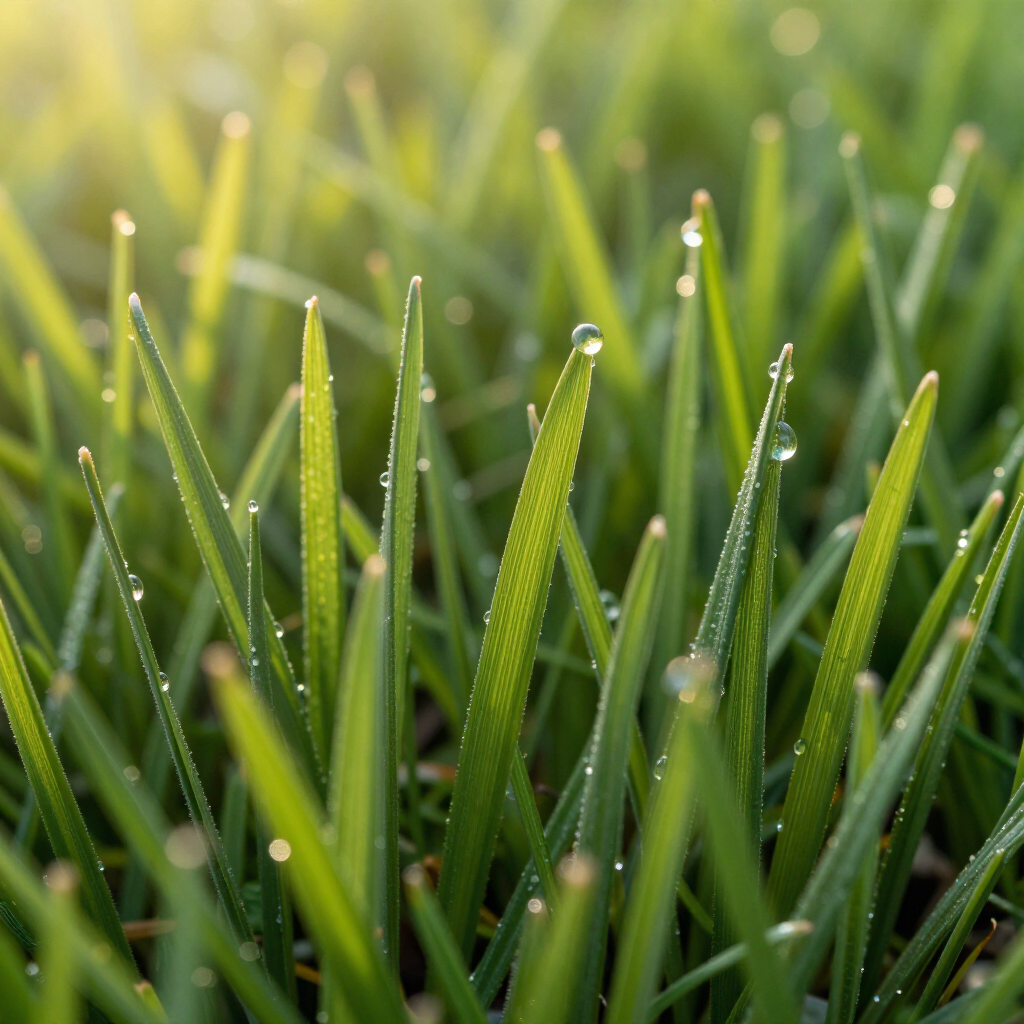 Close-up of green grass blades with water droplets, illuminated by sunlight.