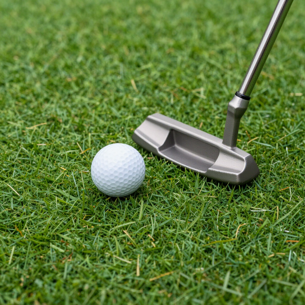 Golf ball and putter on green grass.