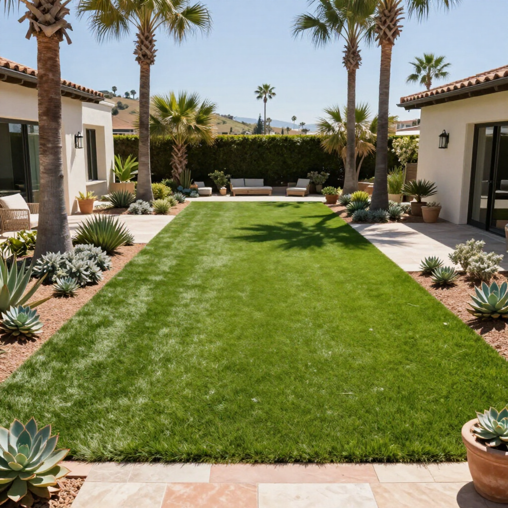 Lush green lawn between two buildings, framed by palm trees and succulent gardens. Sunny outdoor setting.