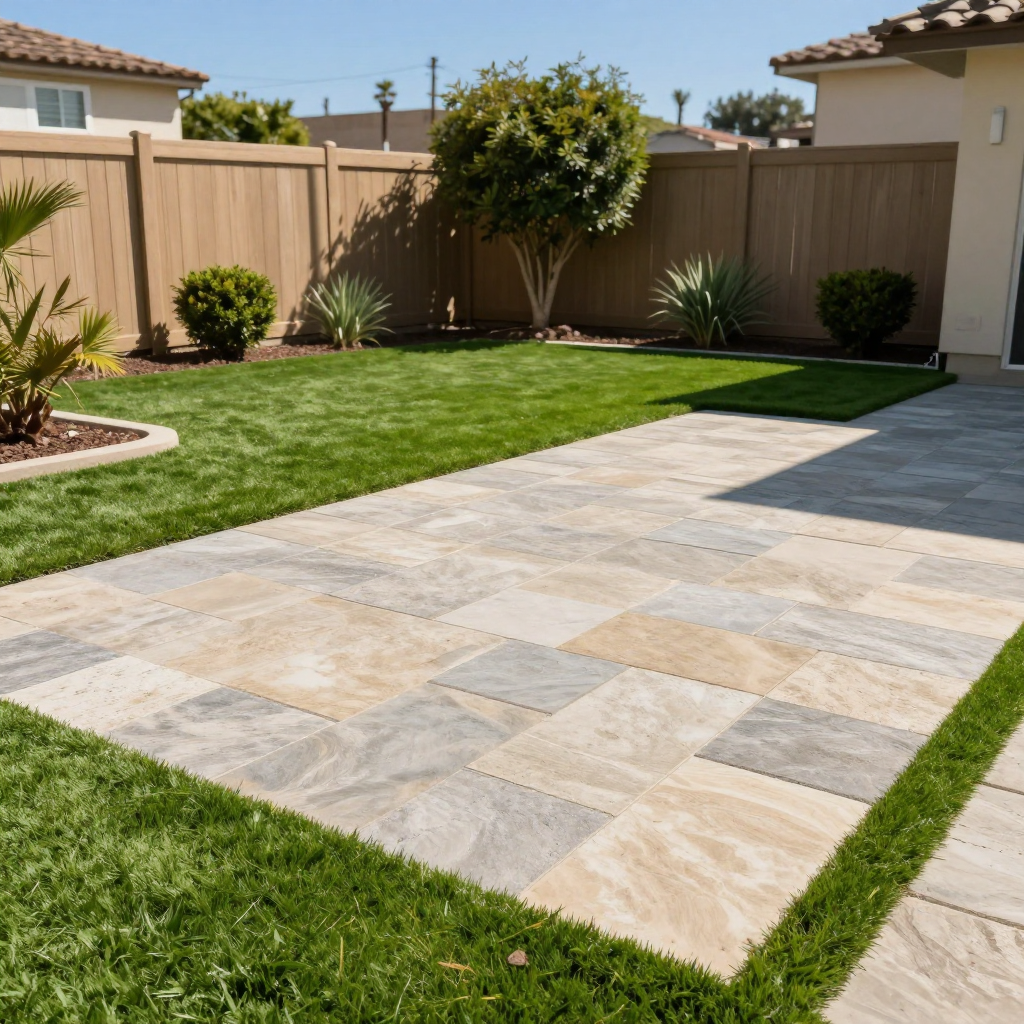 Backyard patio with stone pavers surrounded by green grass and a wooden fence.