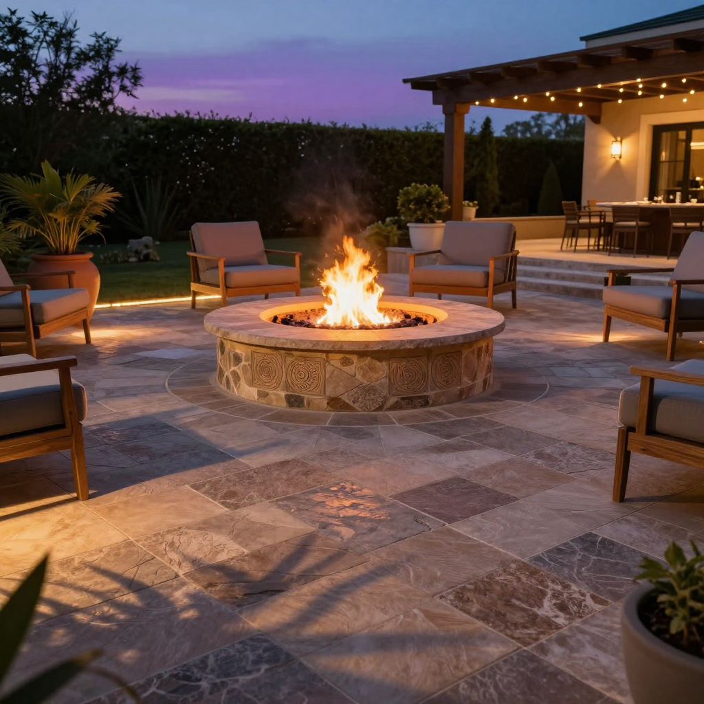 Fire pit in a backyard at dusk, surrounded by chairs on a stone patio, with a house in the background.