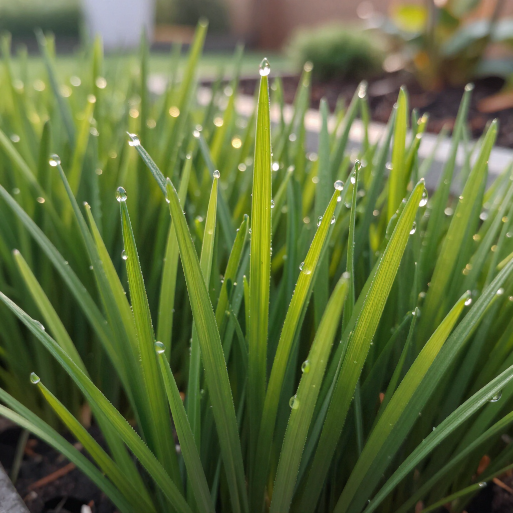 Close-up of vibrant green grass blades, glistening with water droplets in sunlight.