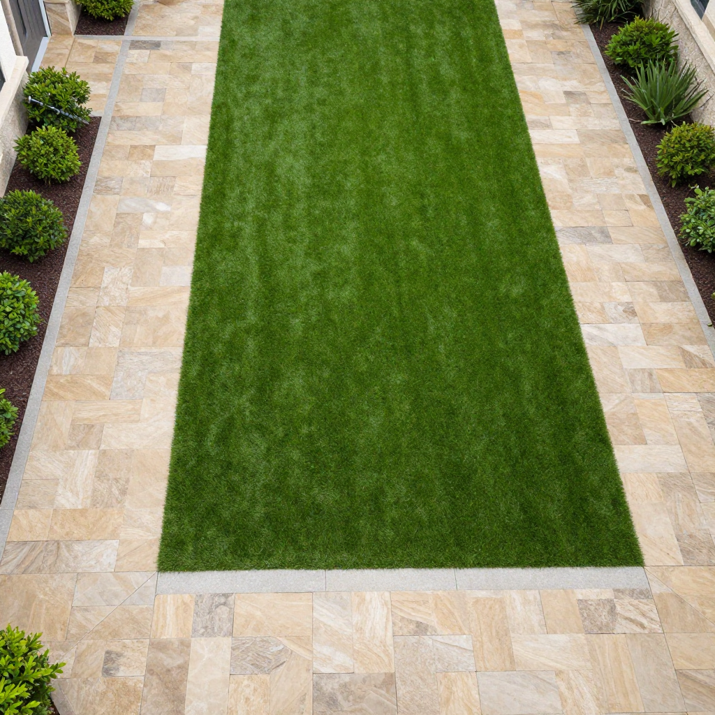 Overhead view of a rectangular patio with a strip of green grass and beige stone, bordered by hedges.