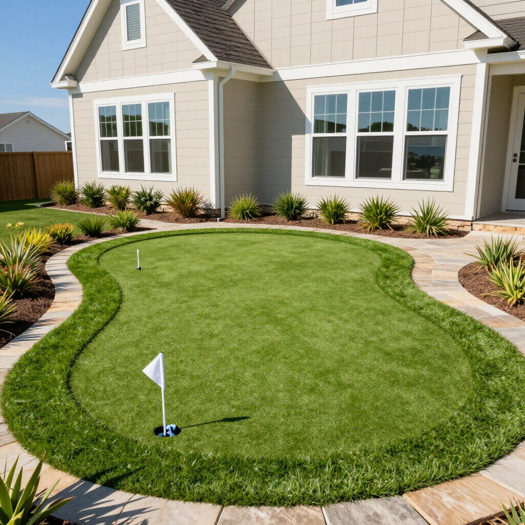 Backyard putting green with flag, surrounded by stone path and landscaping, in front of a house.