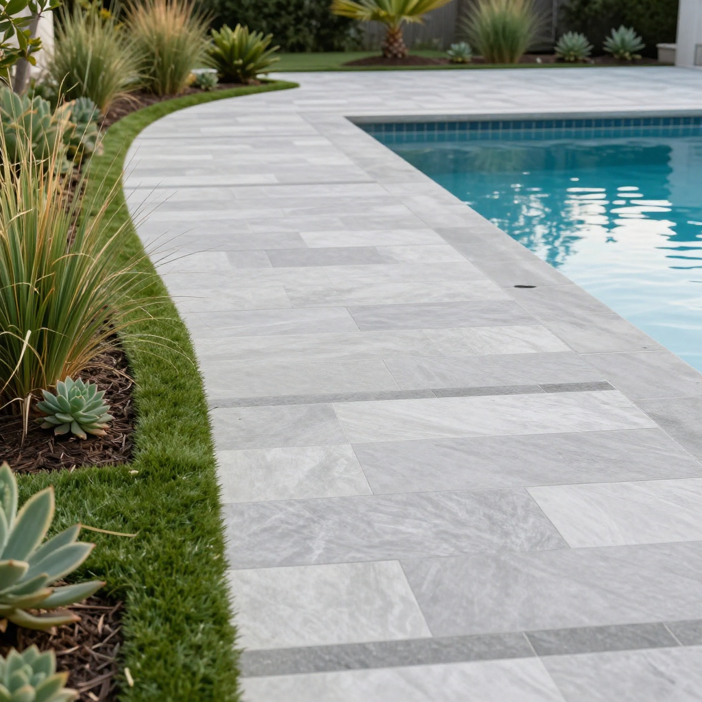 Poolside patio with light gray stone tiles, grass, and succulents. Blue pool water.