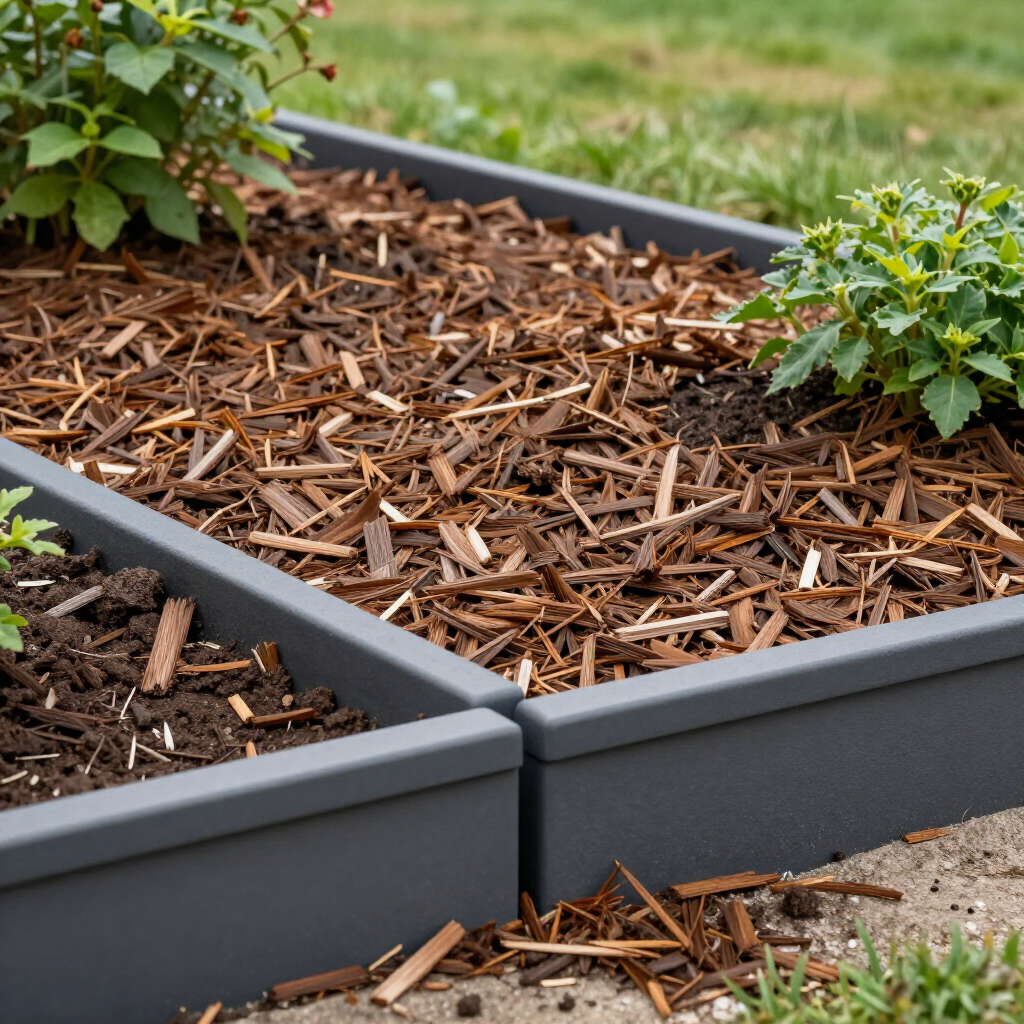 Gray raised garden beds with wood chips and plants.