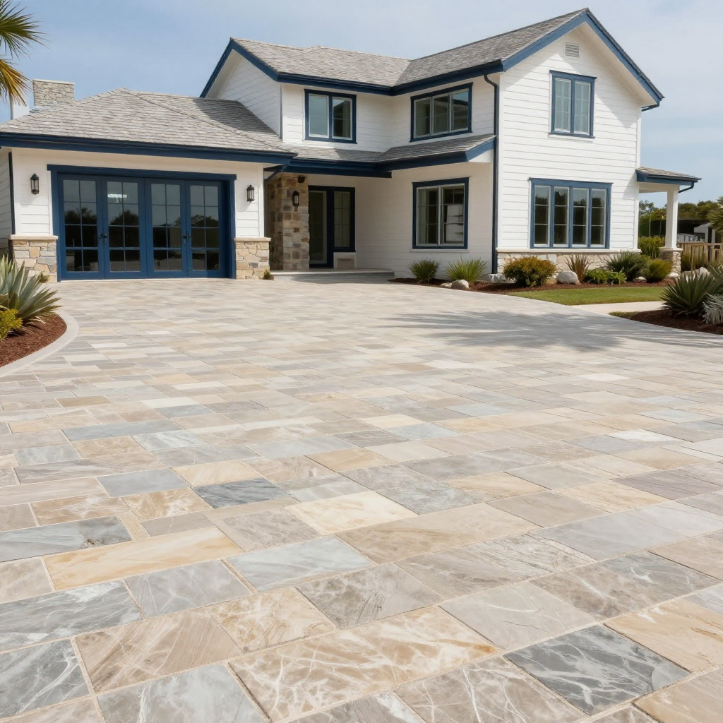 White house with blue trim, multi-colored stone driveway.