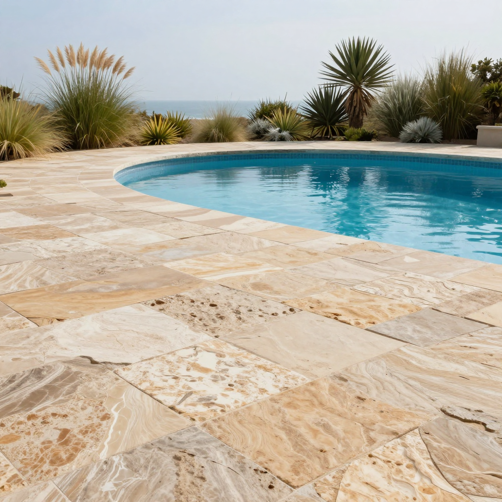 Poolside with stone pavers, ocean view, blue water, beige and brown tones.