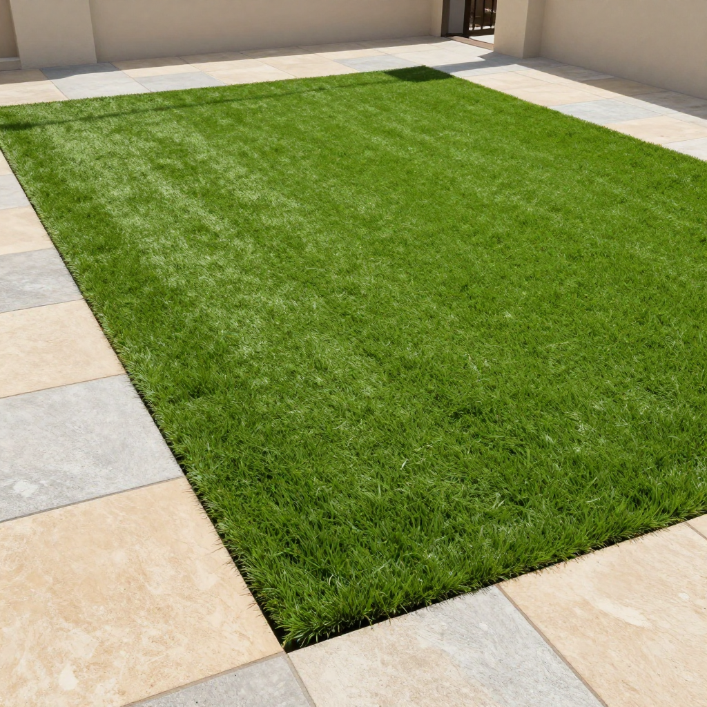 Artificial grass rectangular patch surrounded by beige and gray paving stones.