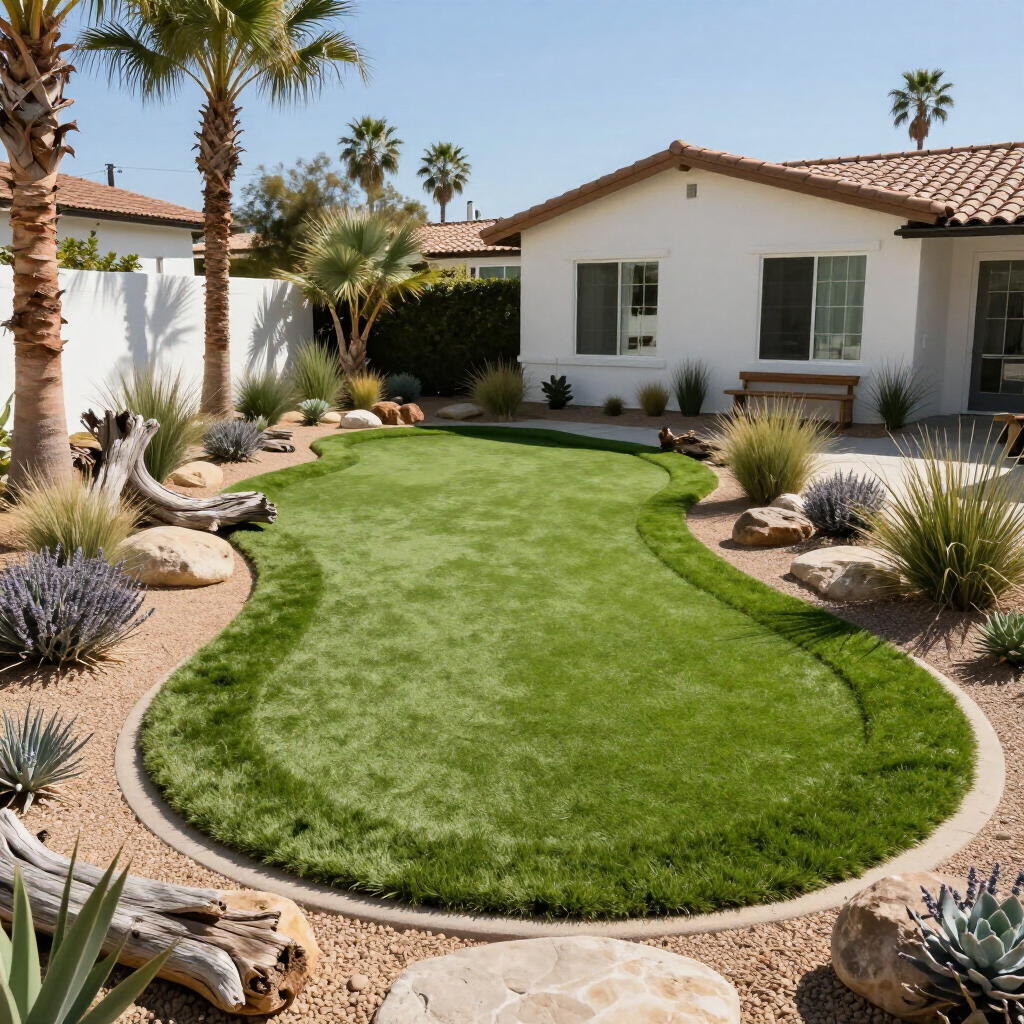Backyard with a green artificial lawn surrounded by desert landscaping and a white house.