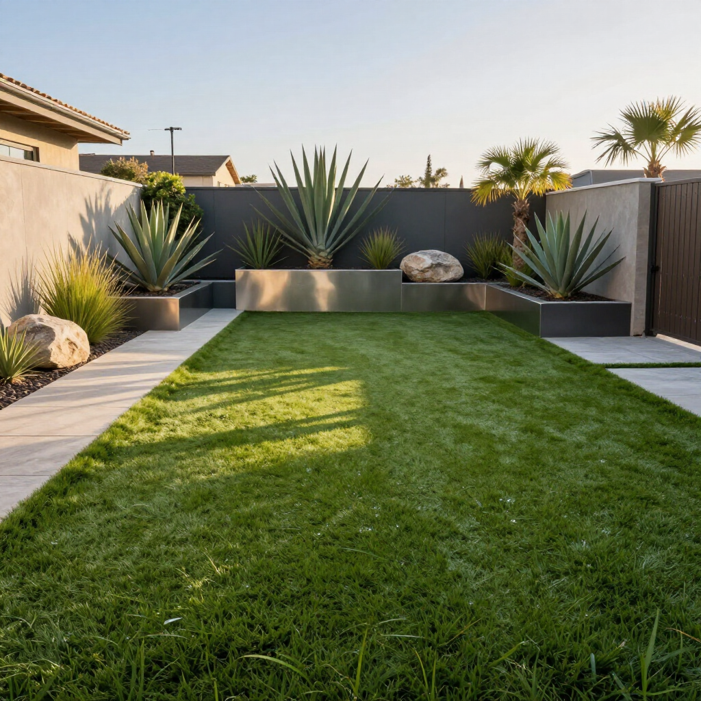 Modern backyard with green grass, concrete path, and planted agave in raised beds against a gray wall.