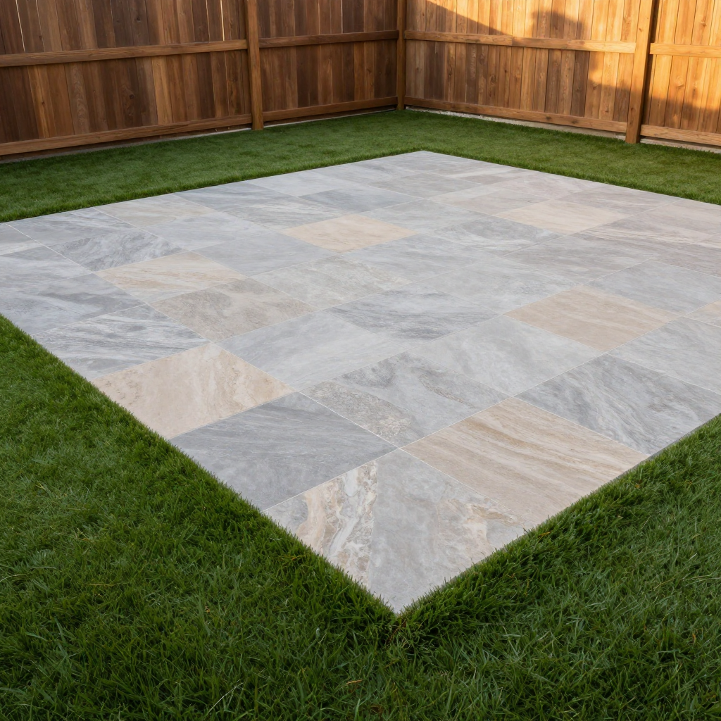 Square stone patio with artificial green grass border, enclosed by a wooden fence.